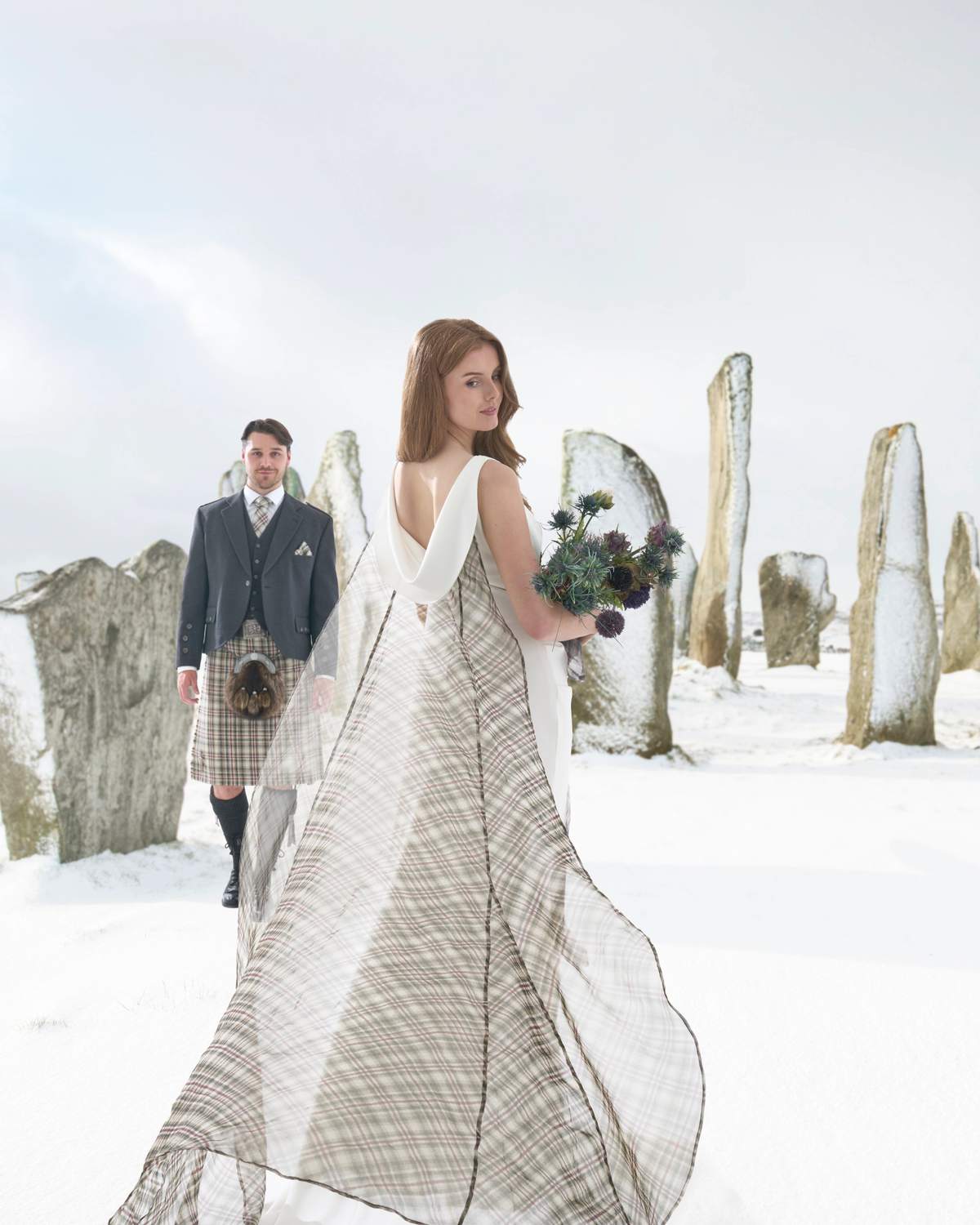Callanish Tartan Organza Flowing Train for Bridal Dress