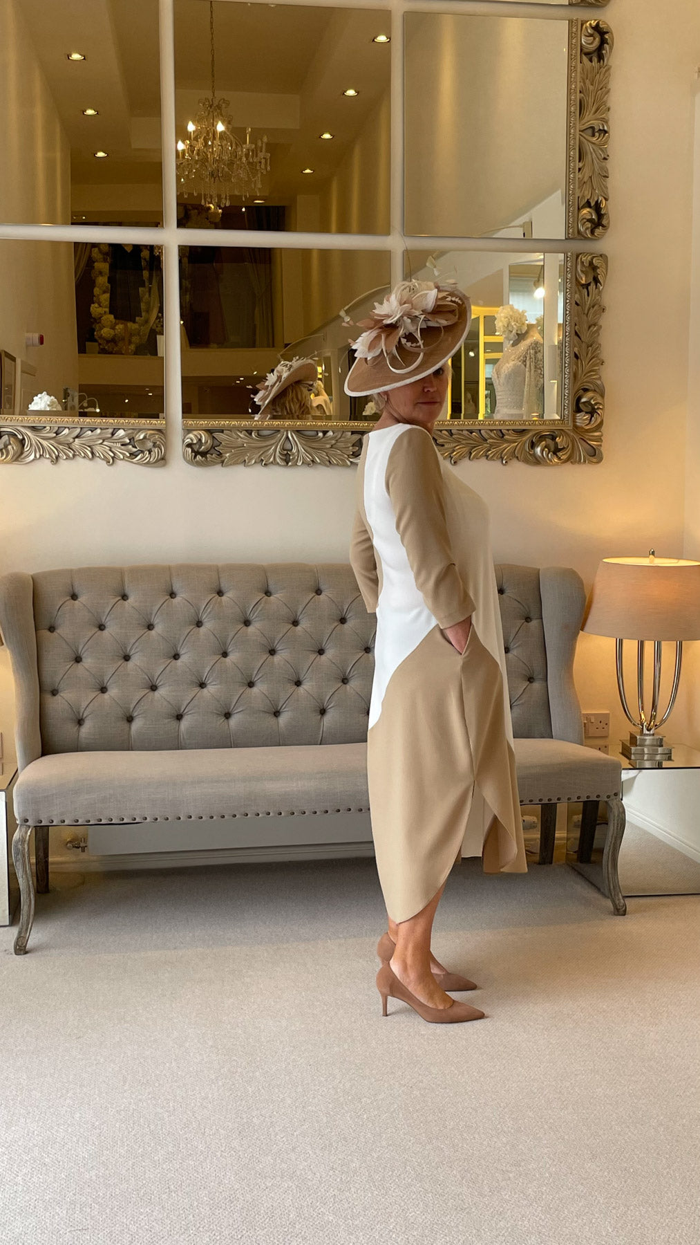 Occasion Wear - Colour Block Dress in Camel and Ivory