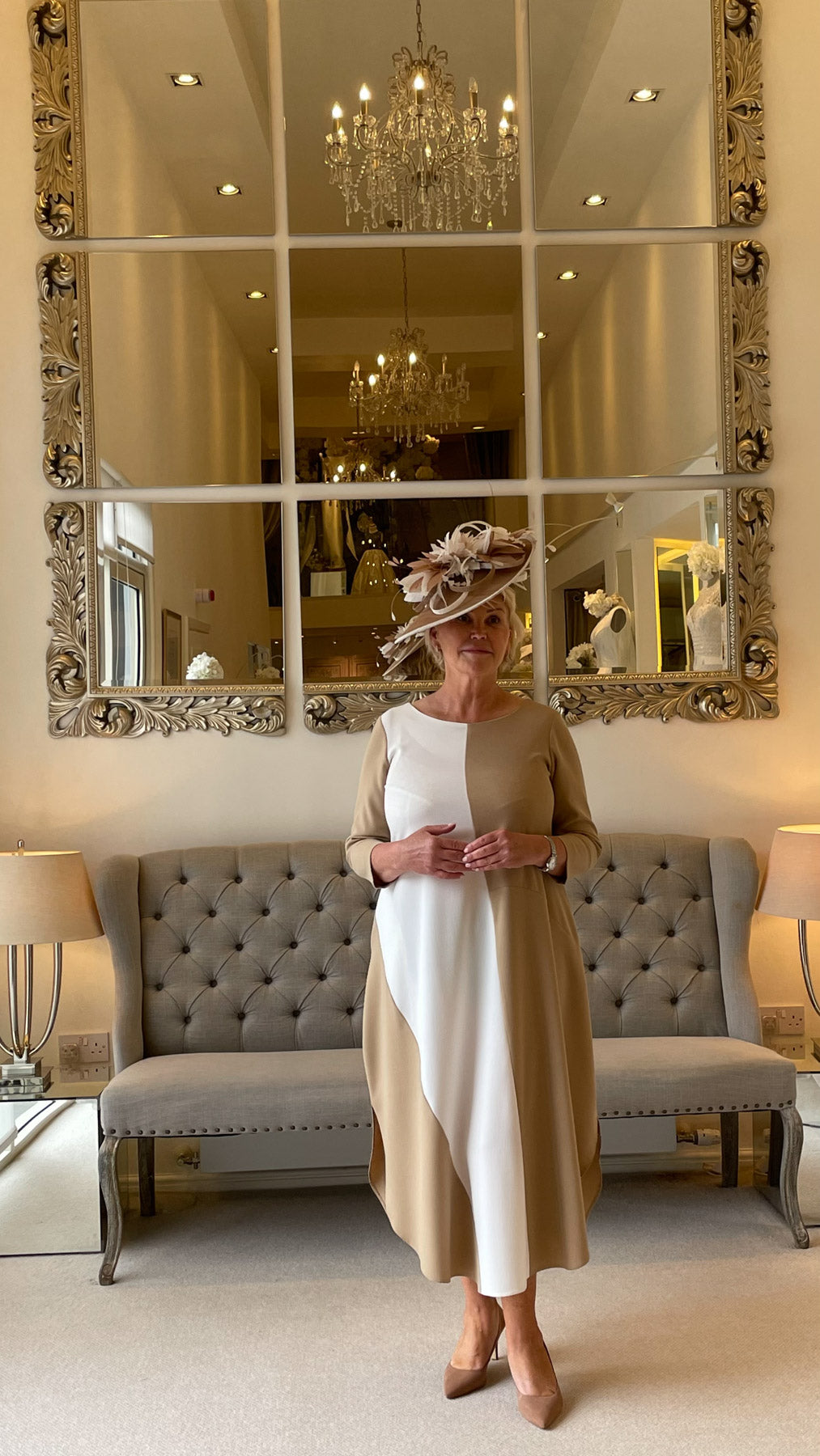 Occasion Wear - Colour Block Dress in Camel and Ivory