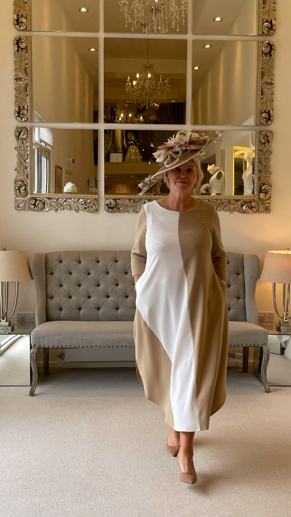 Occasion Wear - Colour Block Dress in Camel and Ivory