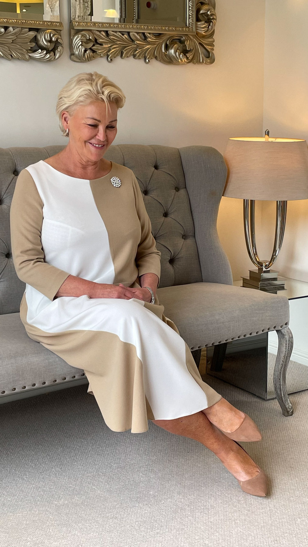 Occasion Wear - Colour Block Dress in Camel and Ivory