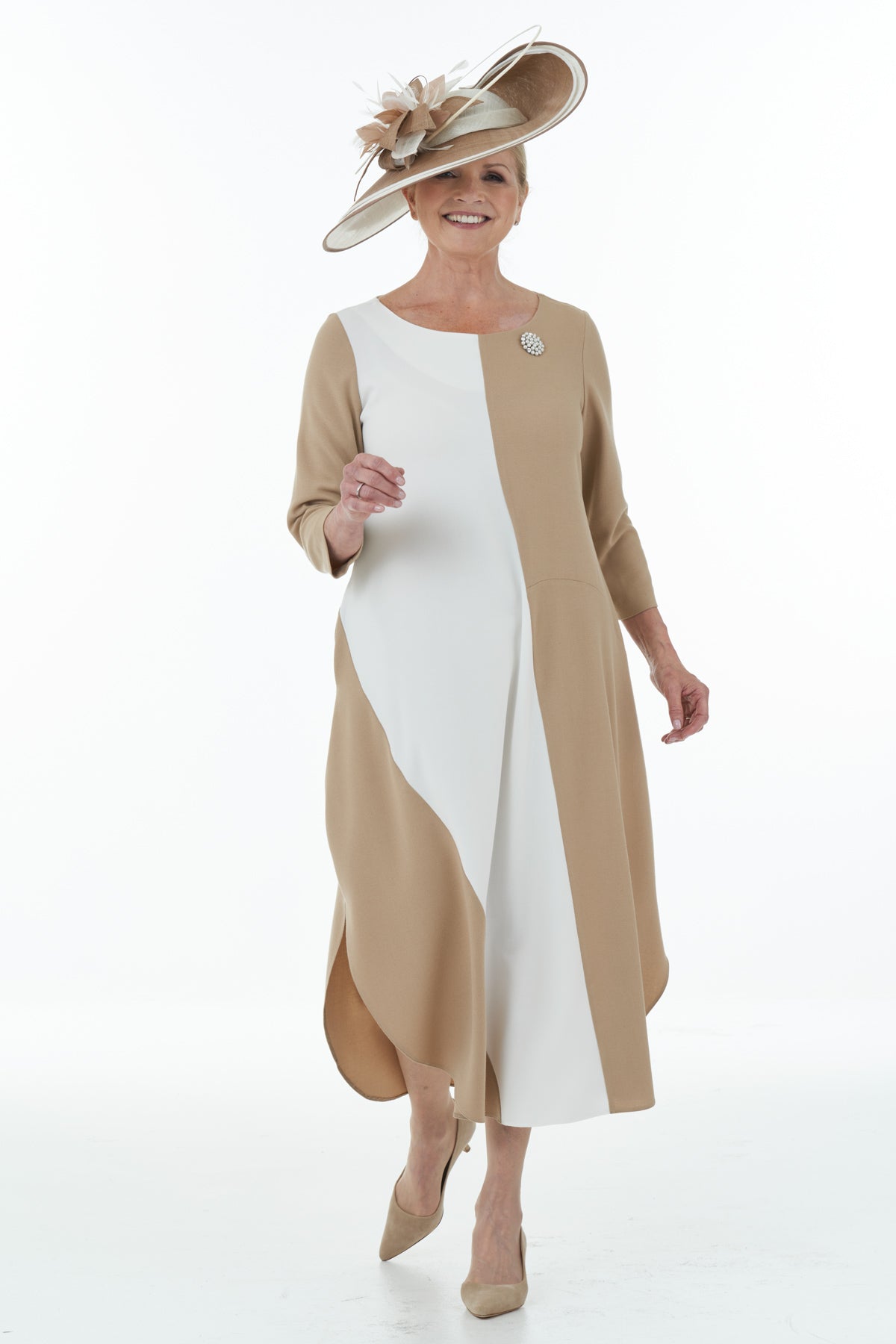 Occasion Wear - Colour Block Dress in Camel and Ivory