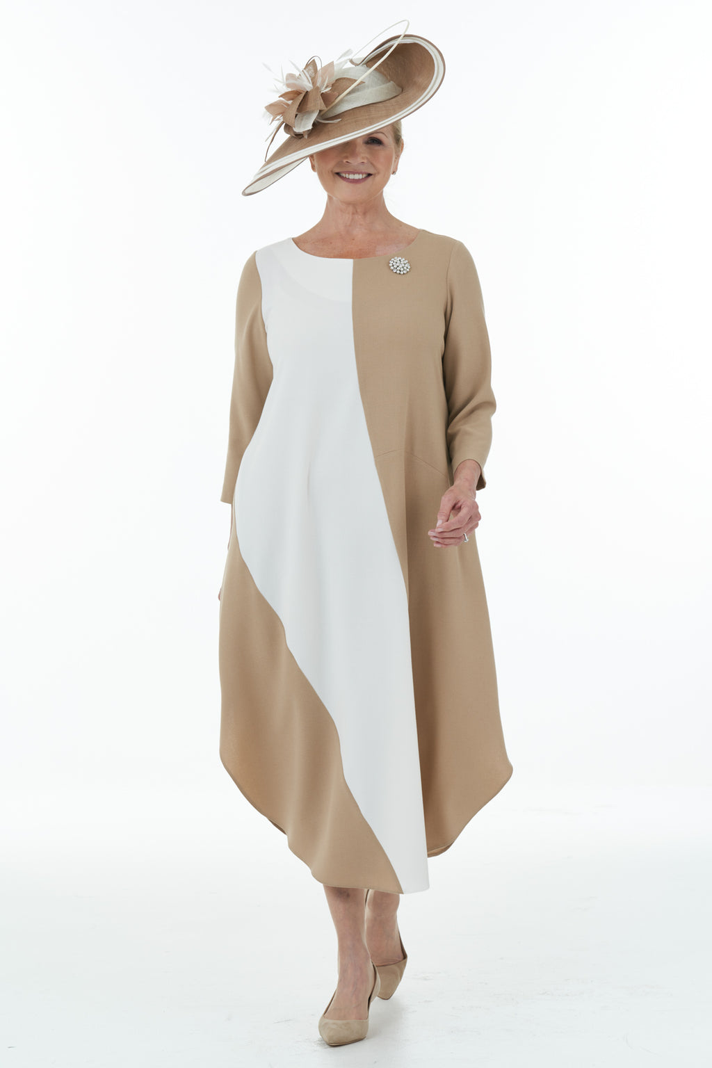 Occasion Wear - Colour Block Dress in Camel and Ivory