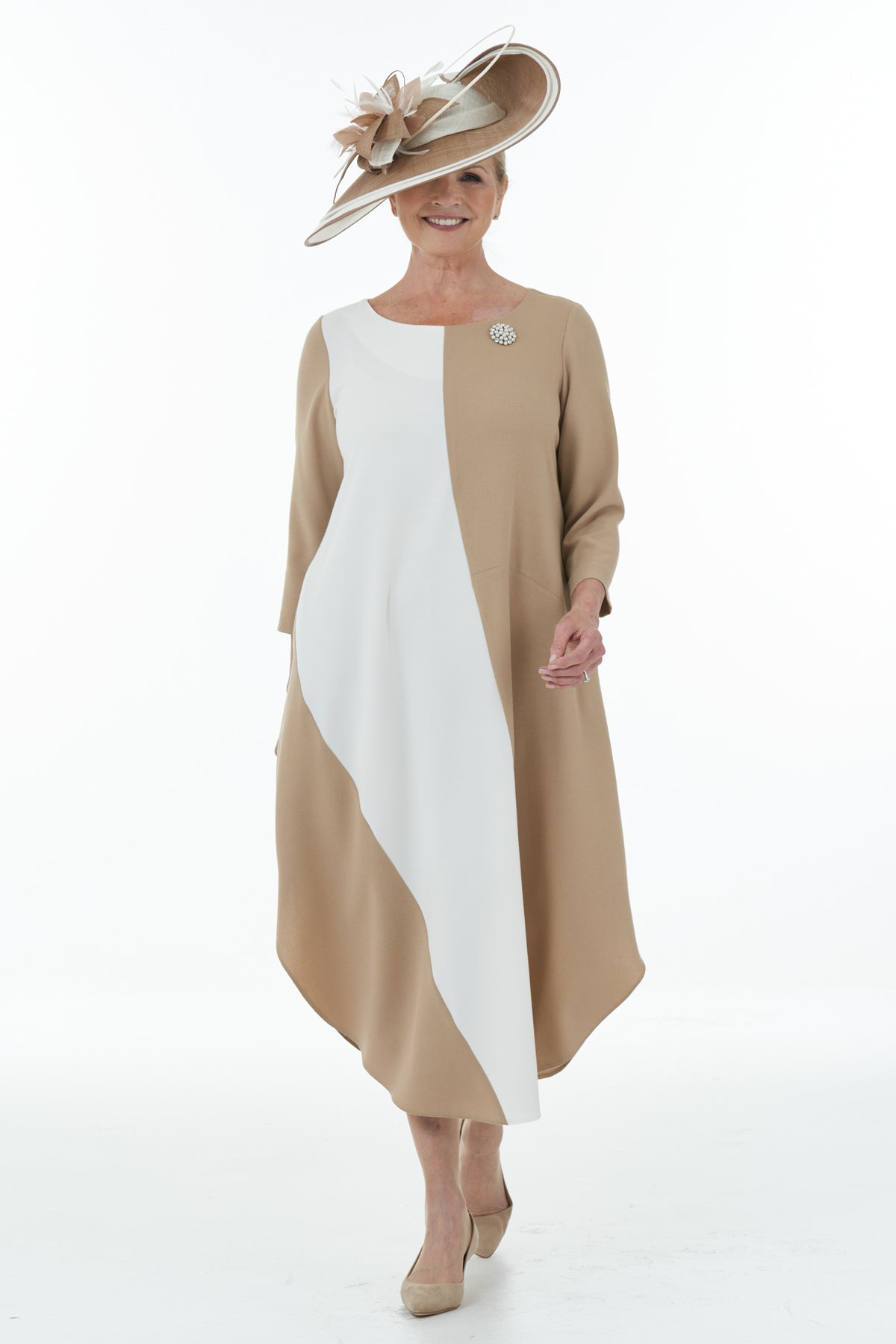 Occasion Wear - Colour Block Dress in Camel and Ivory