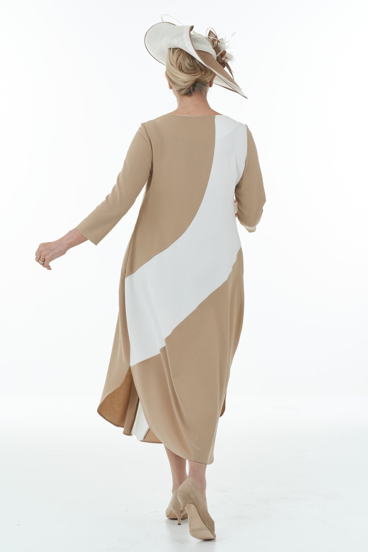 Occasion Wear - Colour Block Dress in Camel and Ivory