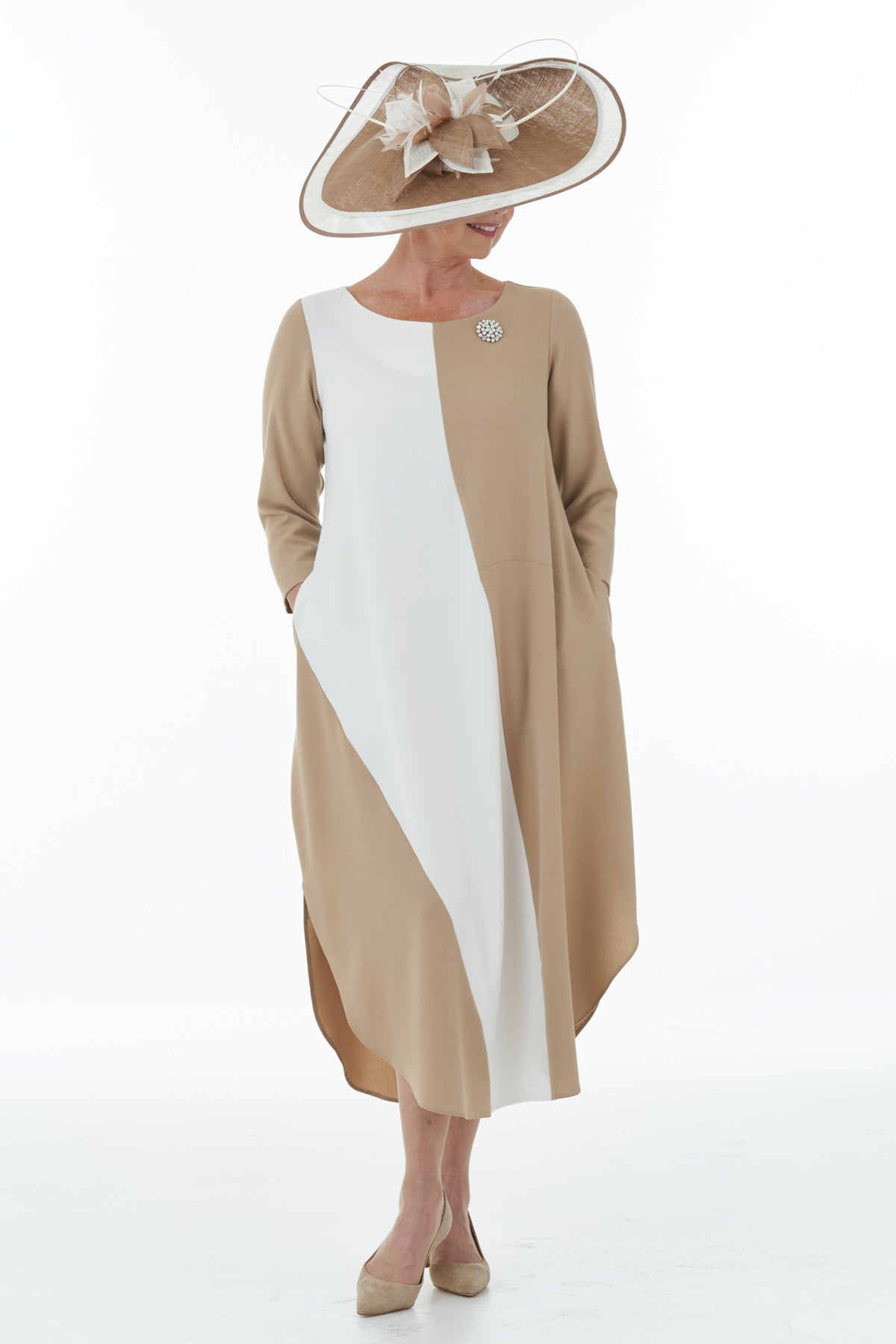 Colour Block Dress in Camel and Ivory