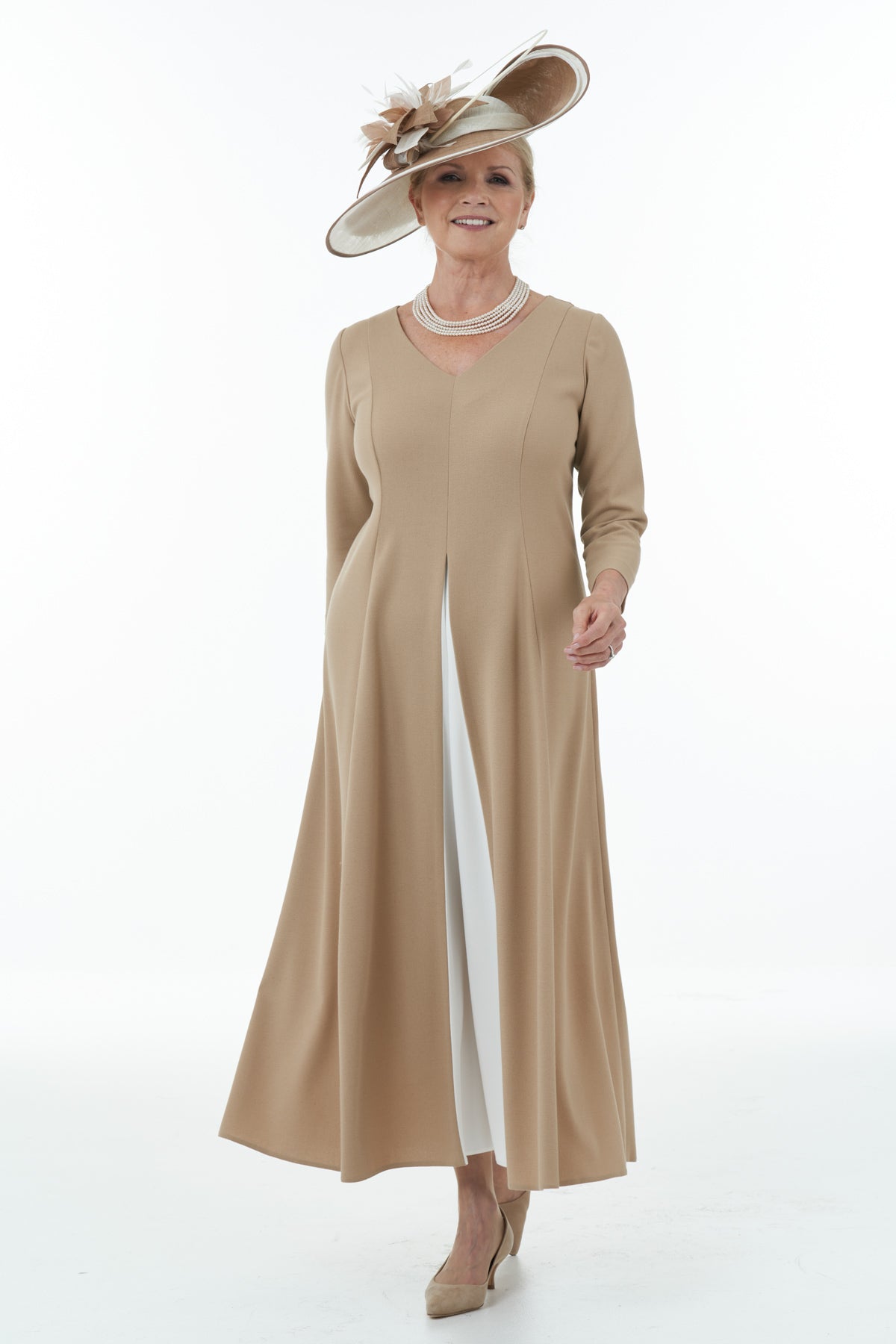 Occasion Wear - Panelled Dress with Contrast Front Inset in Camel and Ivory