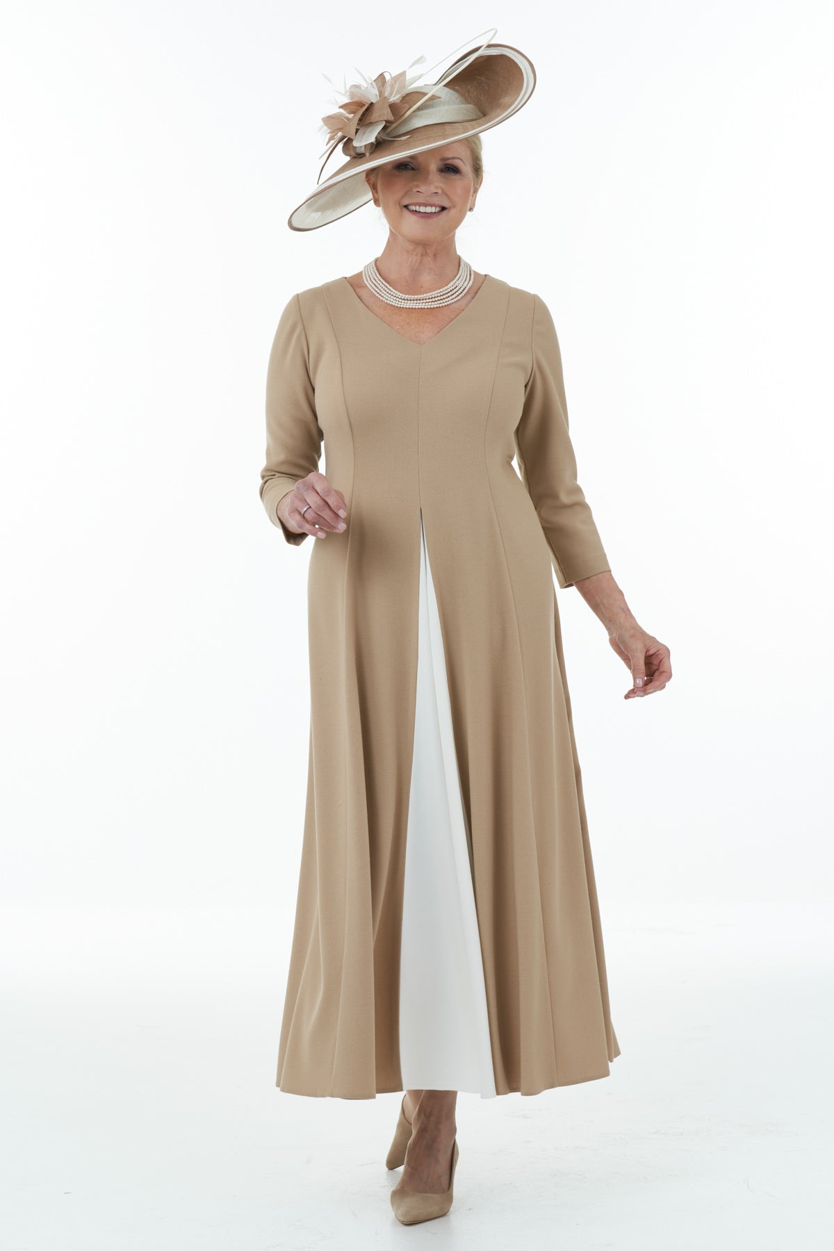 Occasion Wear - Panelled Dress with Contrast Front Inset in Camel and Ivory