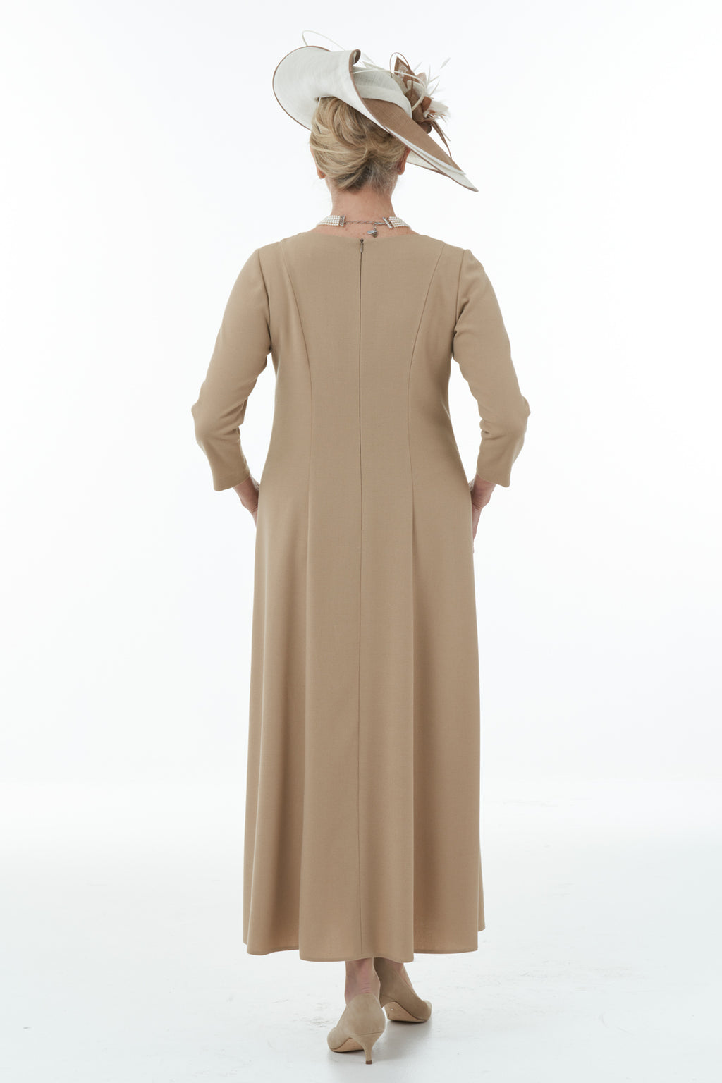 Occasion Wear - Panelled Dress with Contrast Front Inset in Camel and Ivory