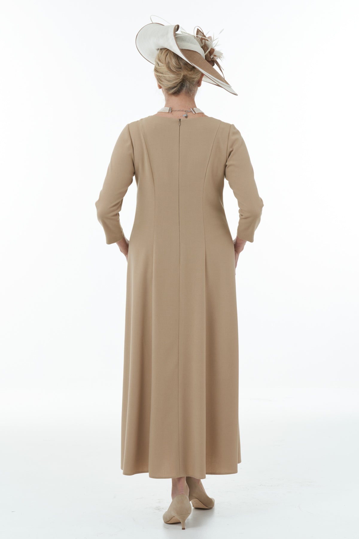 Occasion Wear - Panelled Dress with Contrast Front Inset in Camel and Ivory