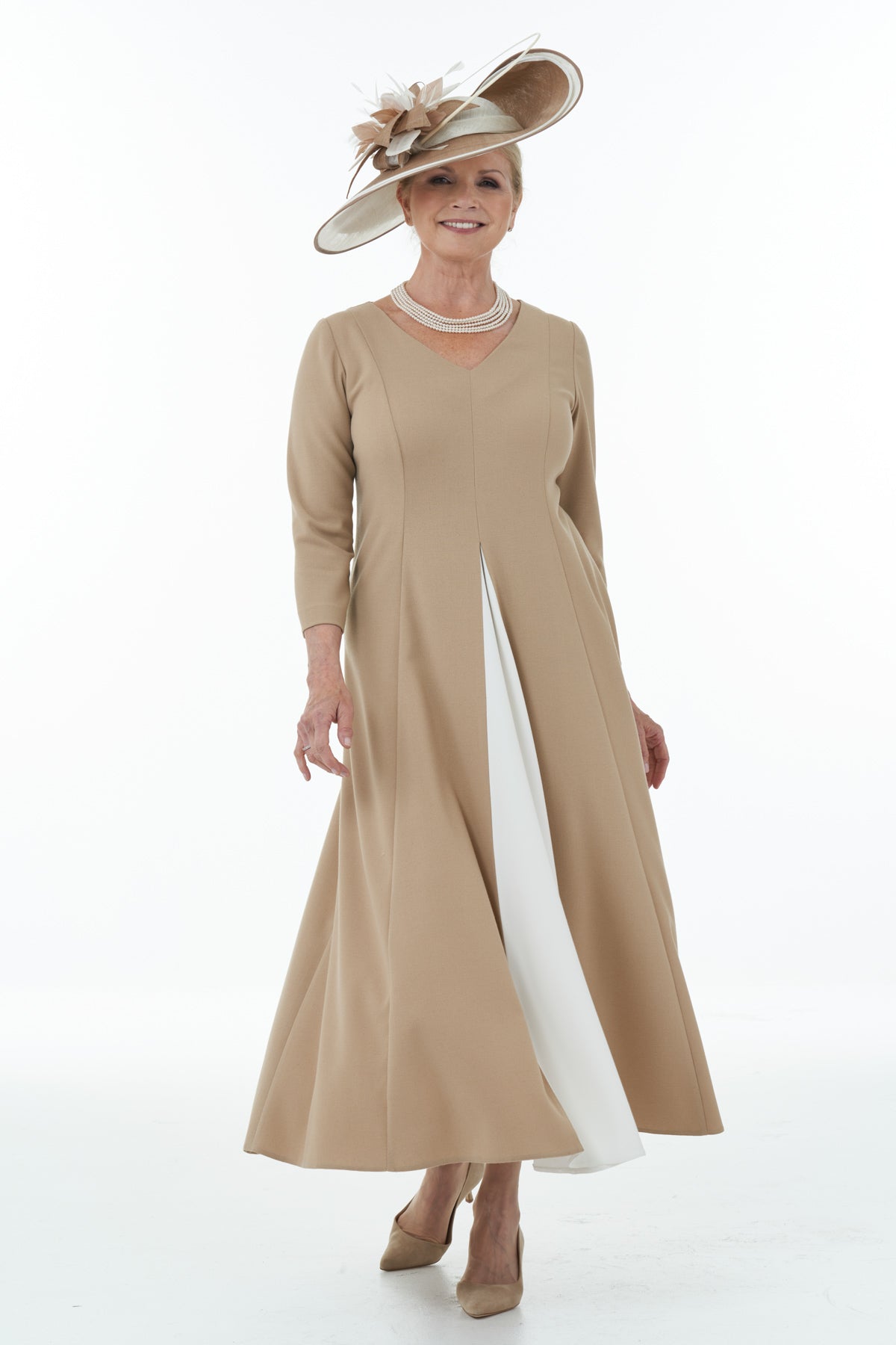 Panelled Dress with Contrast Front Inset in Camel and Ivory