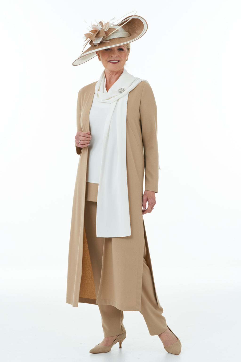 Mother of the Bride or Groom Ivory Vest Tunic with Camel Contrast