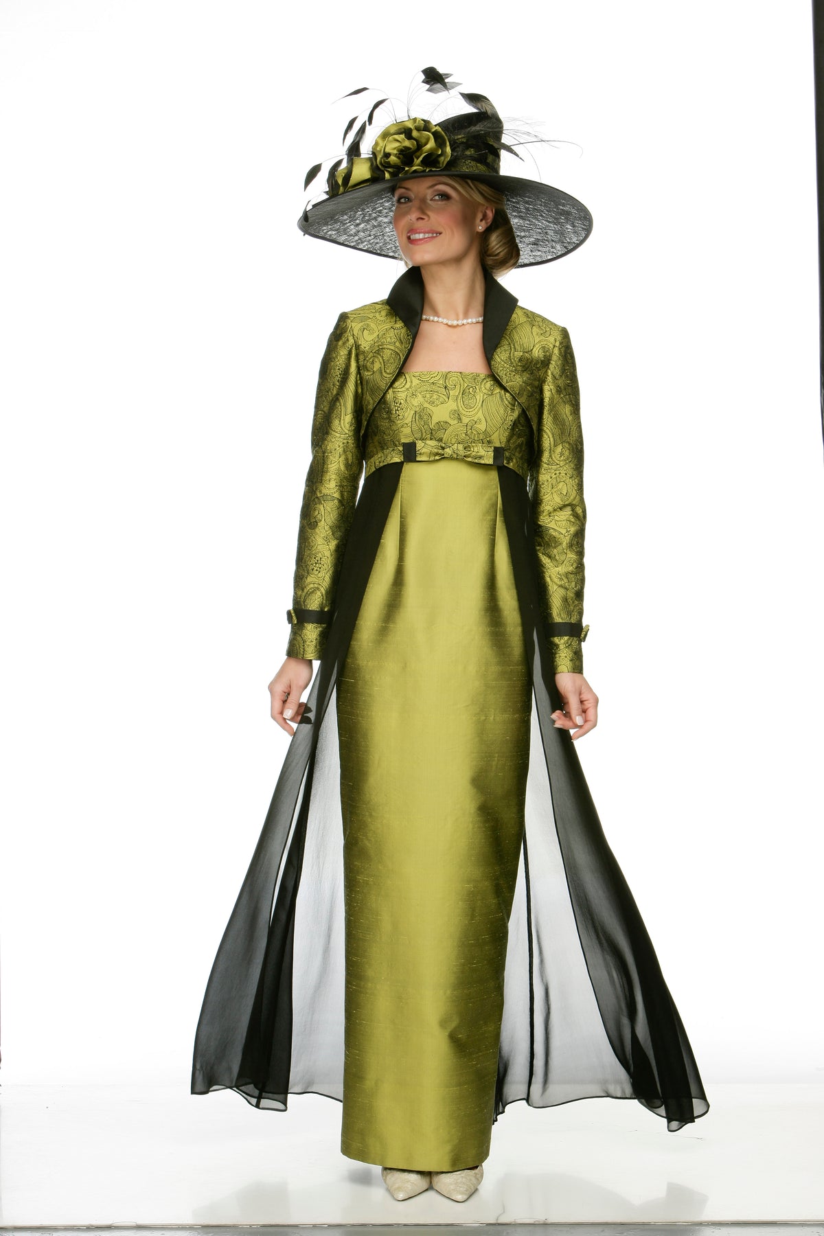 SALE - Olive Green Embroidered Jacket Top with Sheer Black Layered Skirt