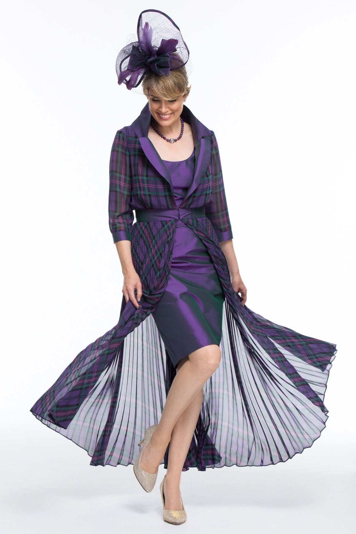 Occasion Wear - Chiffon Tartan Pleated Coat and Silk Dress