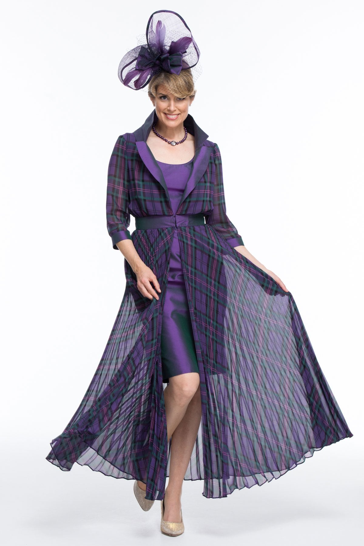 Occasion Wear - Chiffon Tartan Pleated Coat and Silk Dress