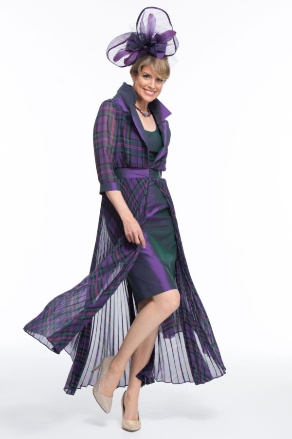 Occasion Wear - Chiffon Tartan Pleated Coat and Silk Dress