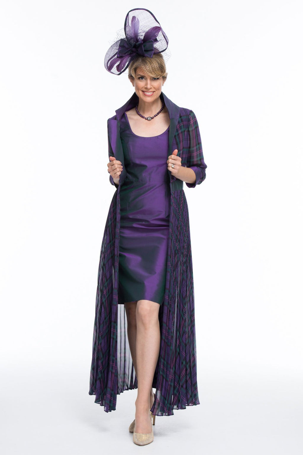 Occasion Wear - Chiffon Tartan Pleated Coat and Silk Dress
