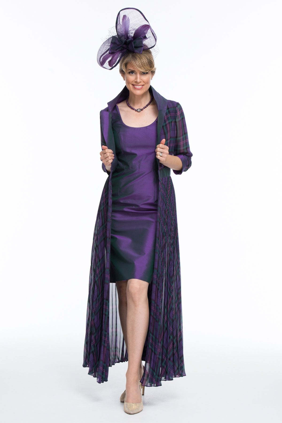 Occasion Wear - Chiffon Tartan Pleated Coat and Silk Dress