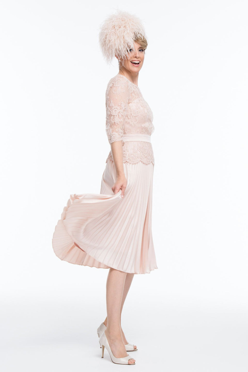 Occasion Wear - Circular Sun Ray Pleated Dress with French Lace Tunic