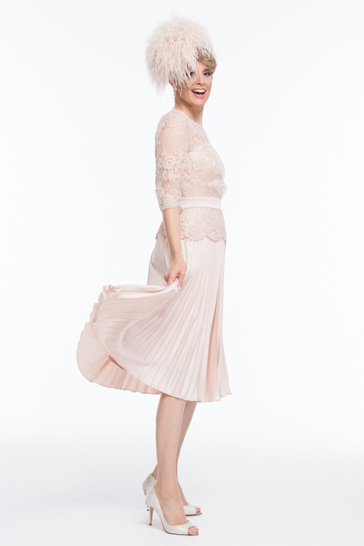 Occasion Wear - Circular Sun Ray Pleated Dress with French Lace Tunic