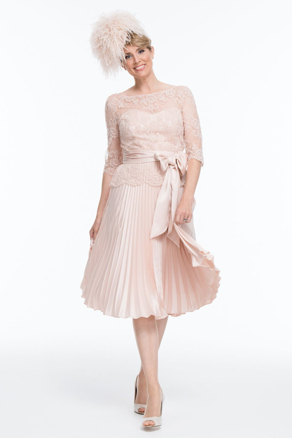 Occasion Wear - Circular Sun Ray Pleated Dress with French Lace Tunic