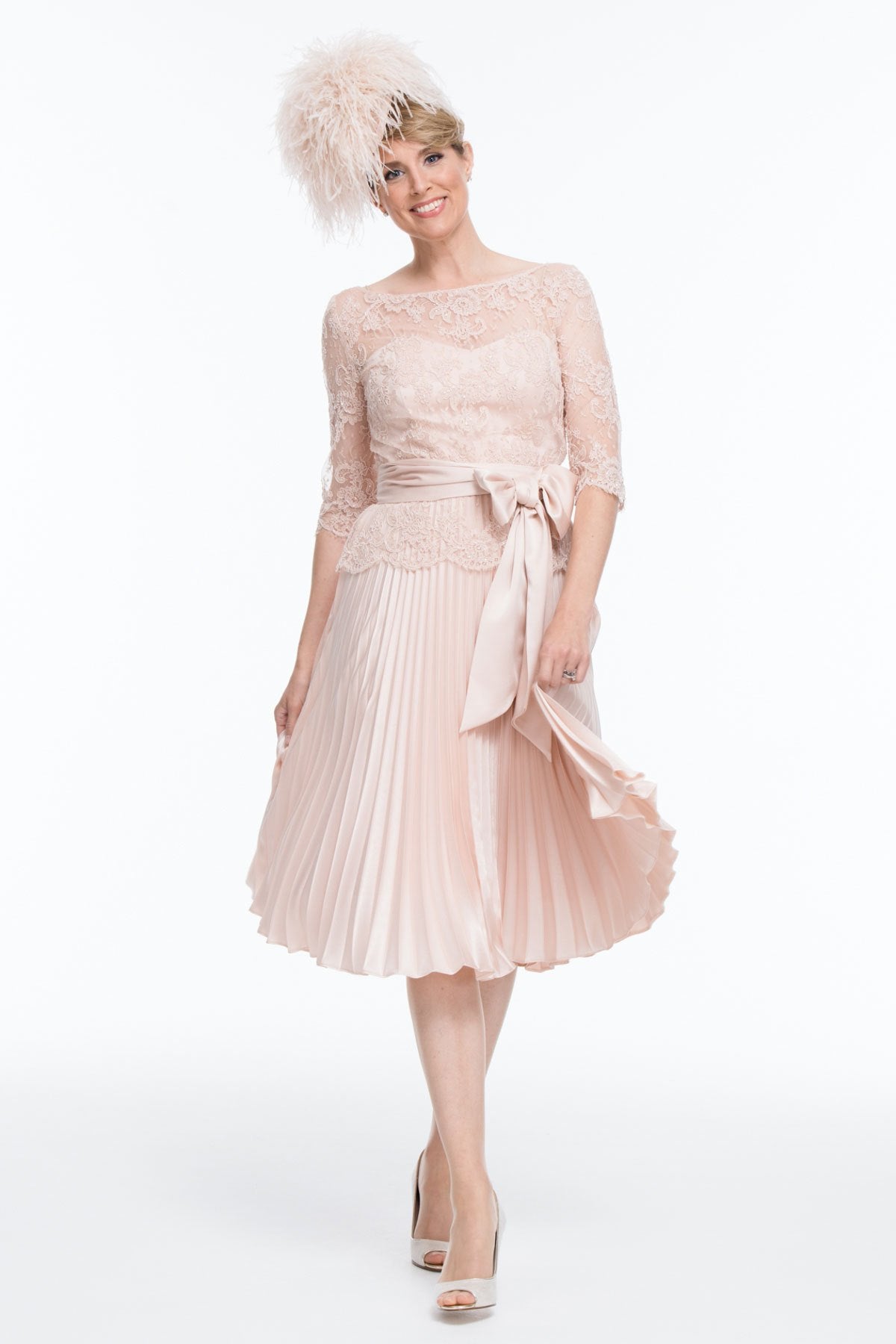 Occasion Wear - Circular Sun Ray Pleated Dress with French Lace Tunic