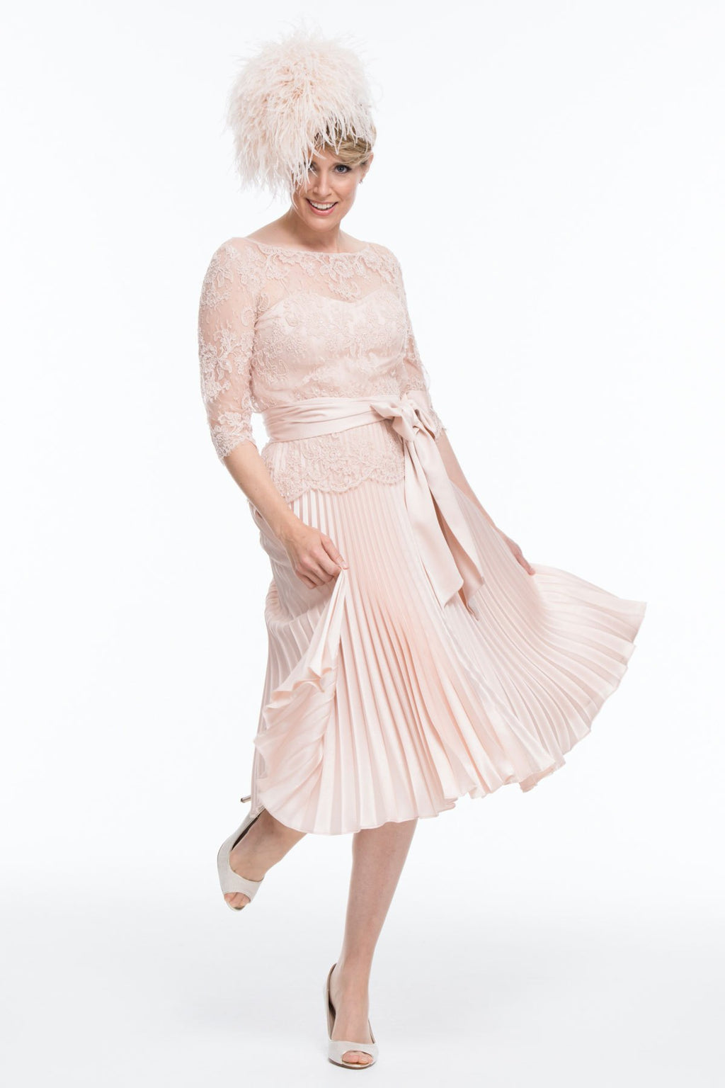 Occasion Wear - Circular Sun Ray Pleated Dress with French Lace Tunic