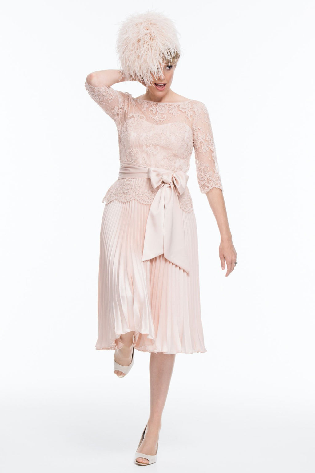 Occasion Wear - Circular Sun Ray Pleated Dress with French Lace Tunic