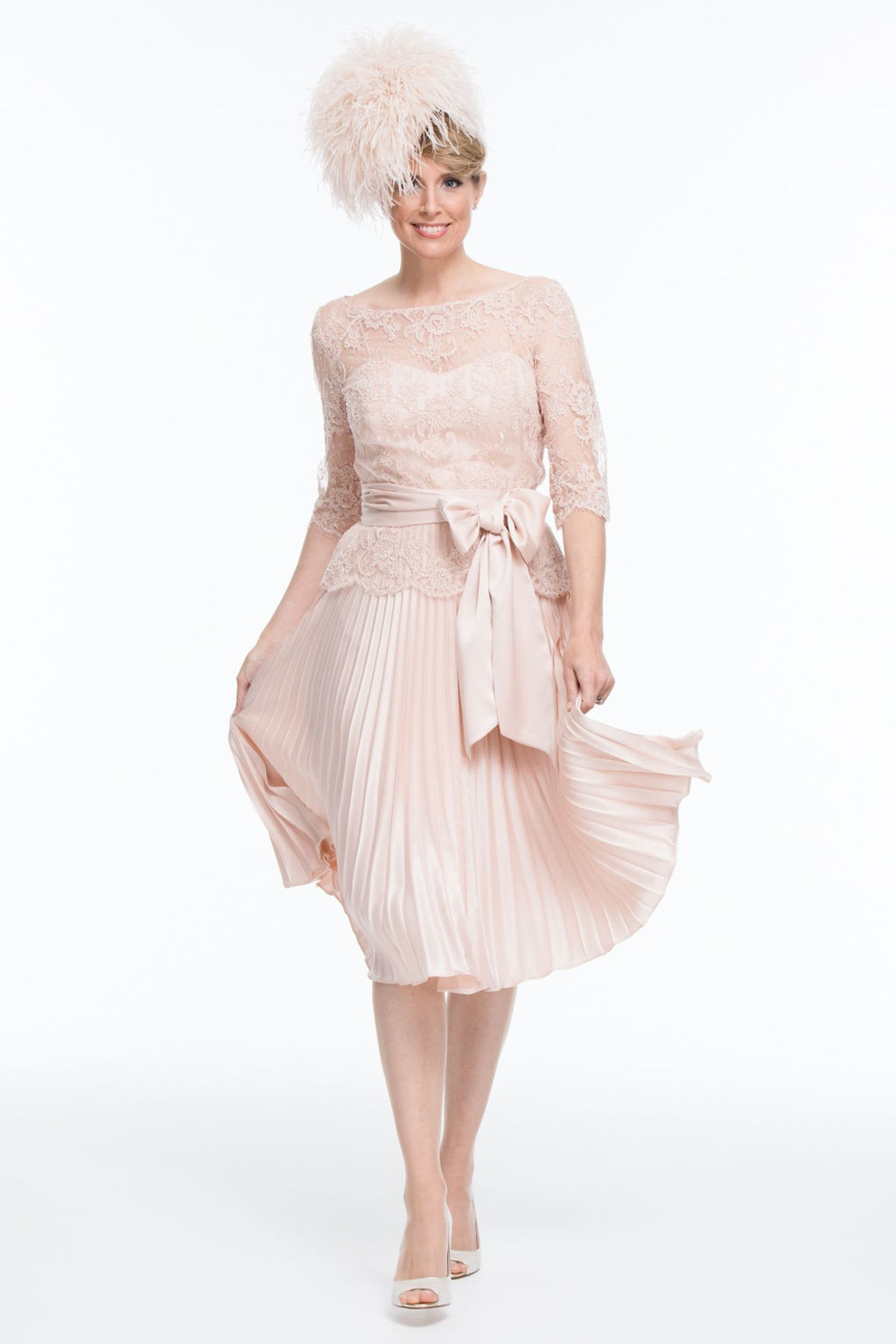 Occasion Wear - Circular Sun Ray Pleated Dress with French Lace Tunic