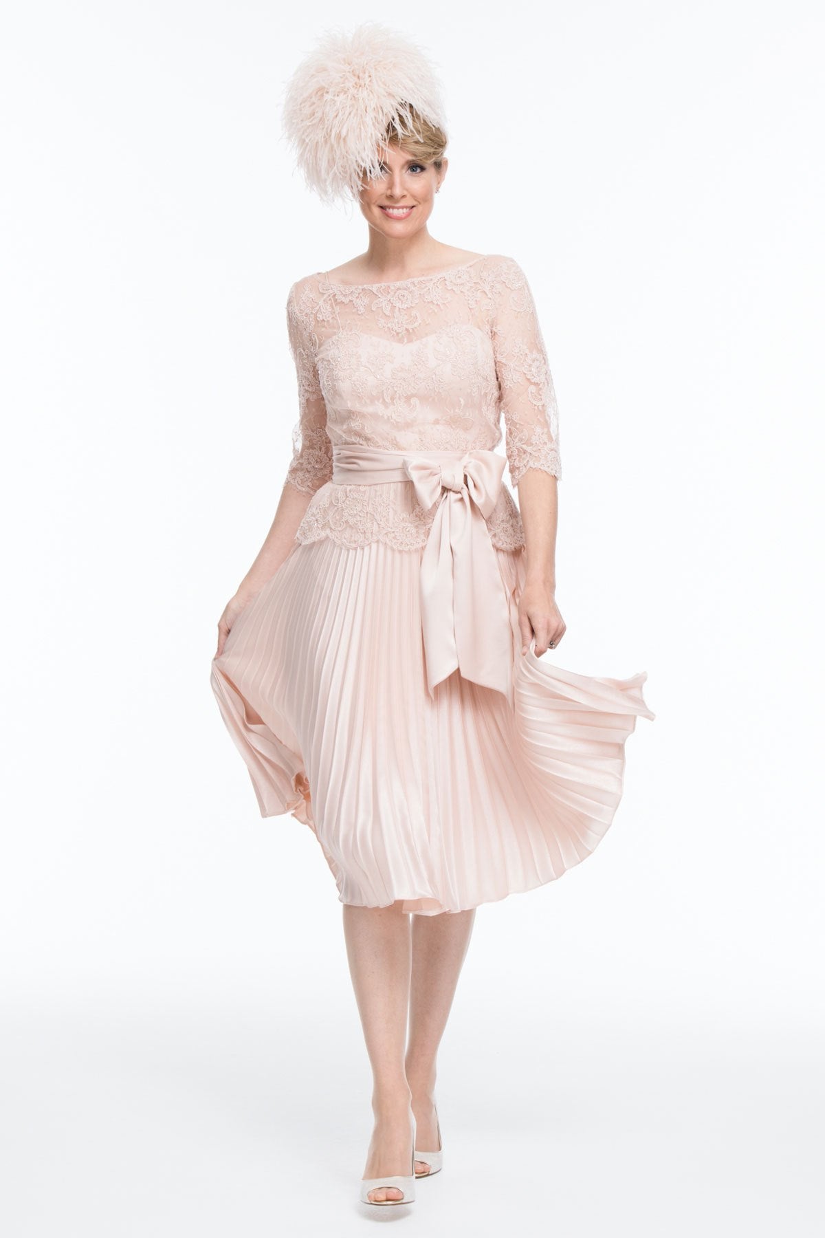 Occasion Wear - Circular Sun Ray Pleated Dress with French Lace Tunic