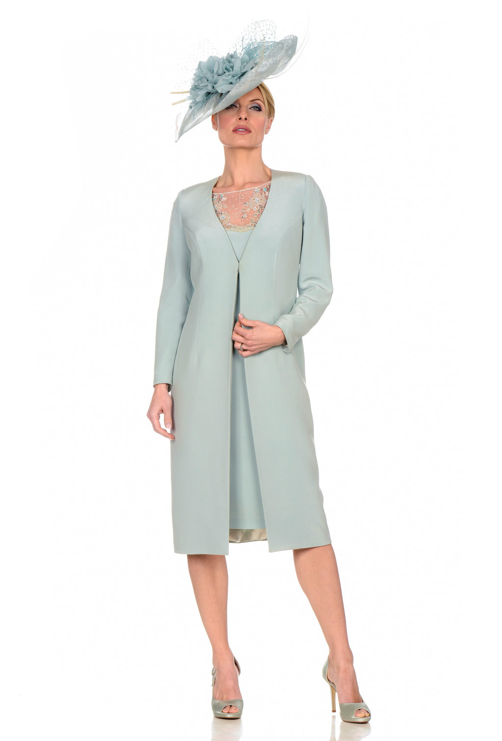 Elegant Dress with Belgian Laced Top and Matching Coat