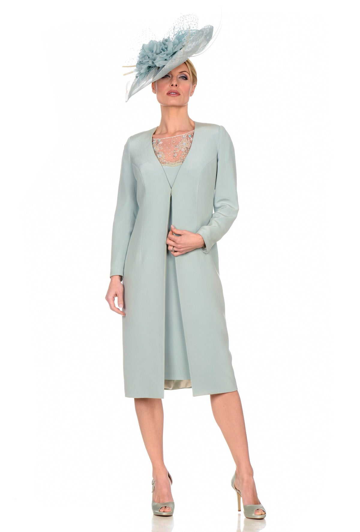 Elegant Dress with Belgian Laced Top and Matching Coat