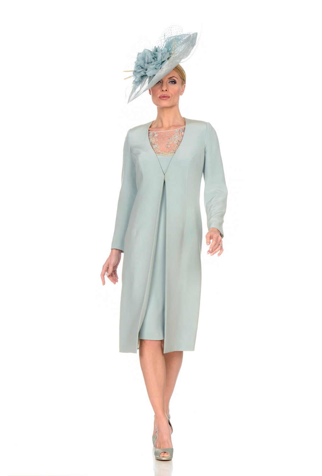 Elegant Dress with Belgian Laced Top and Matching Coat