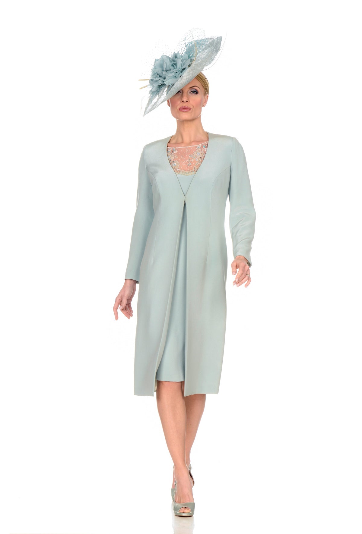 Elegant Dress with Belgian Laced Top and Matching Coat