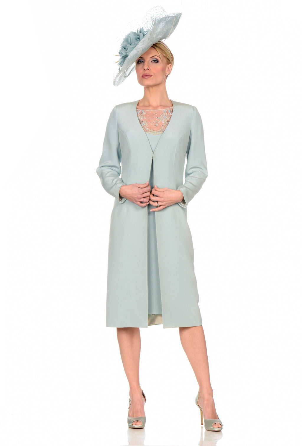 Elegant Dress with Belgian Laced Top and Matching Coat