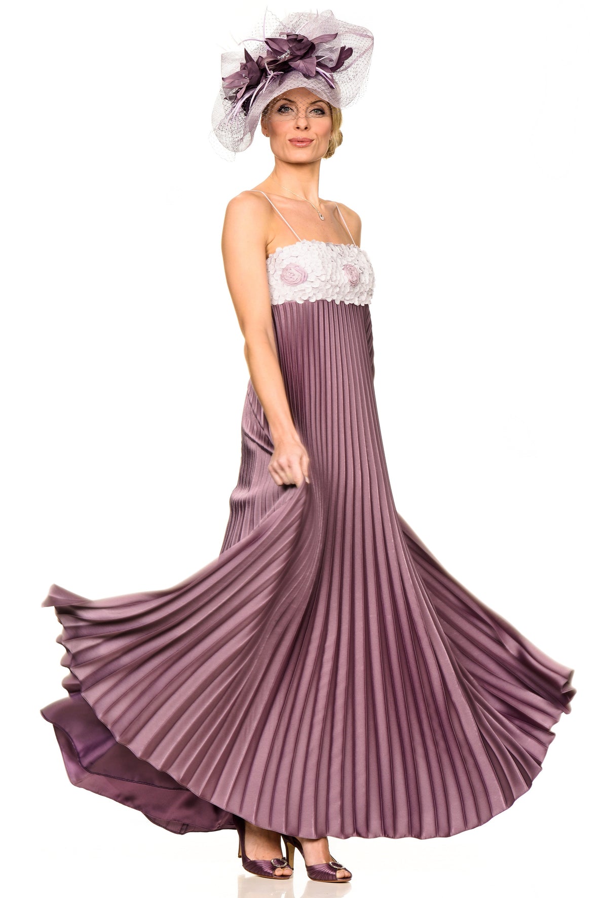 ARCHIVE SALE - Mother of the Bride Sunray pleated satin dress with 3D flower bodice - UK Size 10