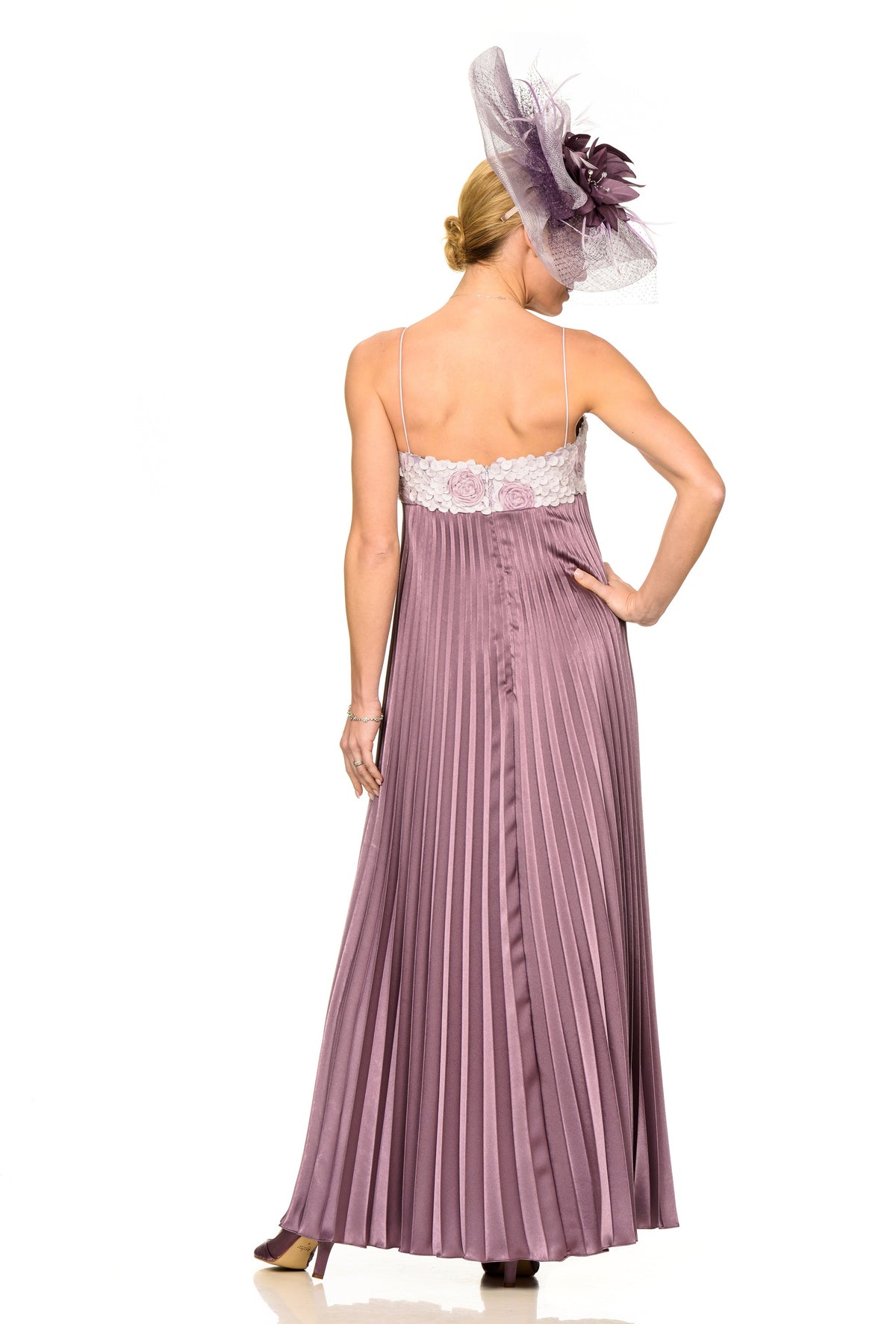 ARCHIVE SALE - Mother of the Bride Sunray pleated satin dress with 3D flower bodice - UK Size 10