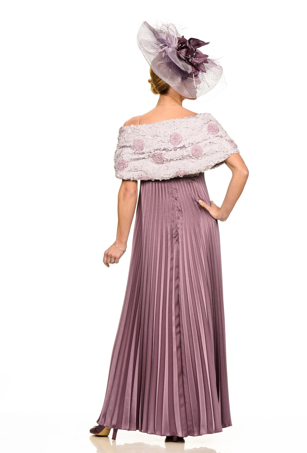 ARCHIVE SALE - Mother of the Bride Sunray pleated satin dress with 3D flower bodice - UK Size 10