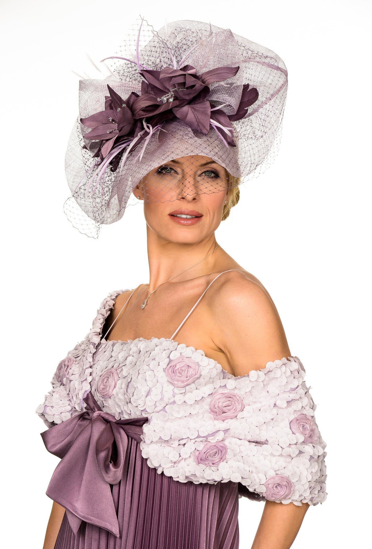 ARCHIVE SALE - Mother of the Bride Sunray pleated satin dress with 3D flower bodice - UK Size 10