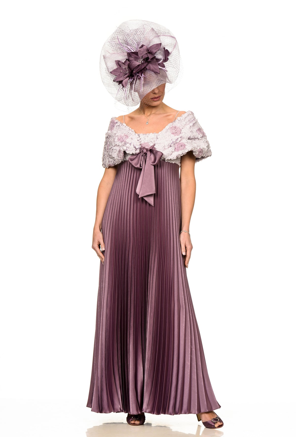 Sunray pleated satin dress with 3D flower bodice