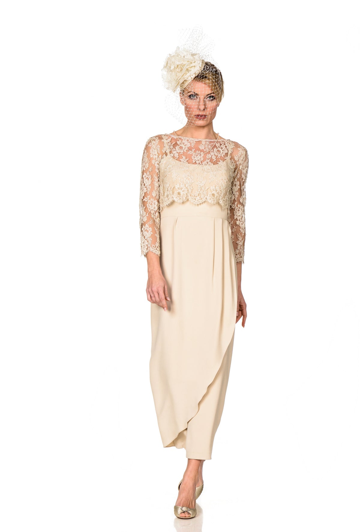 Tulip Style Dress with Wrap Skirt and Lace Top with Sleeves