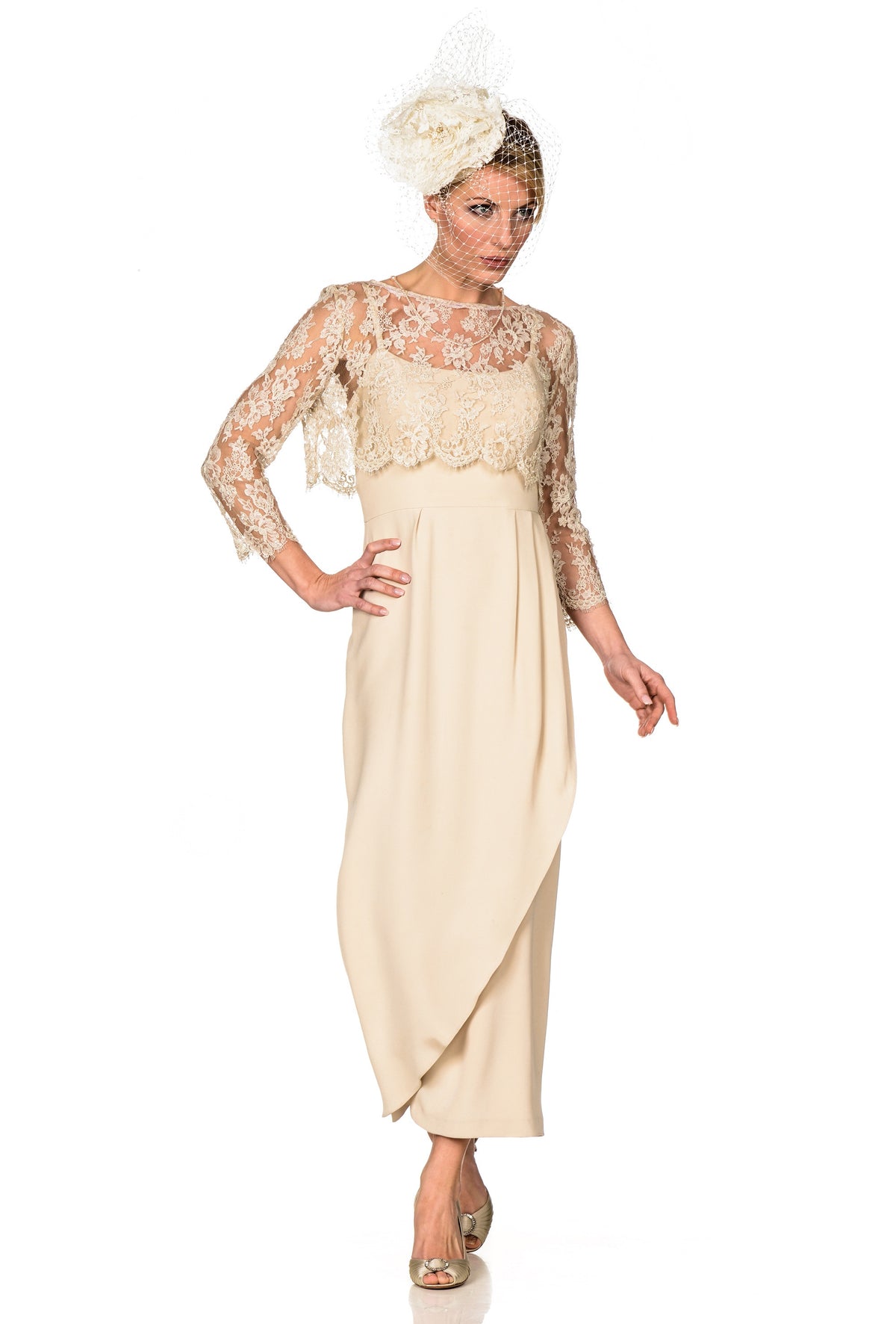 Tulip Style Dress with Wrap Skirt and Lace Top with Sleeves