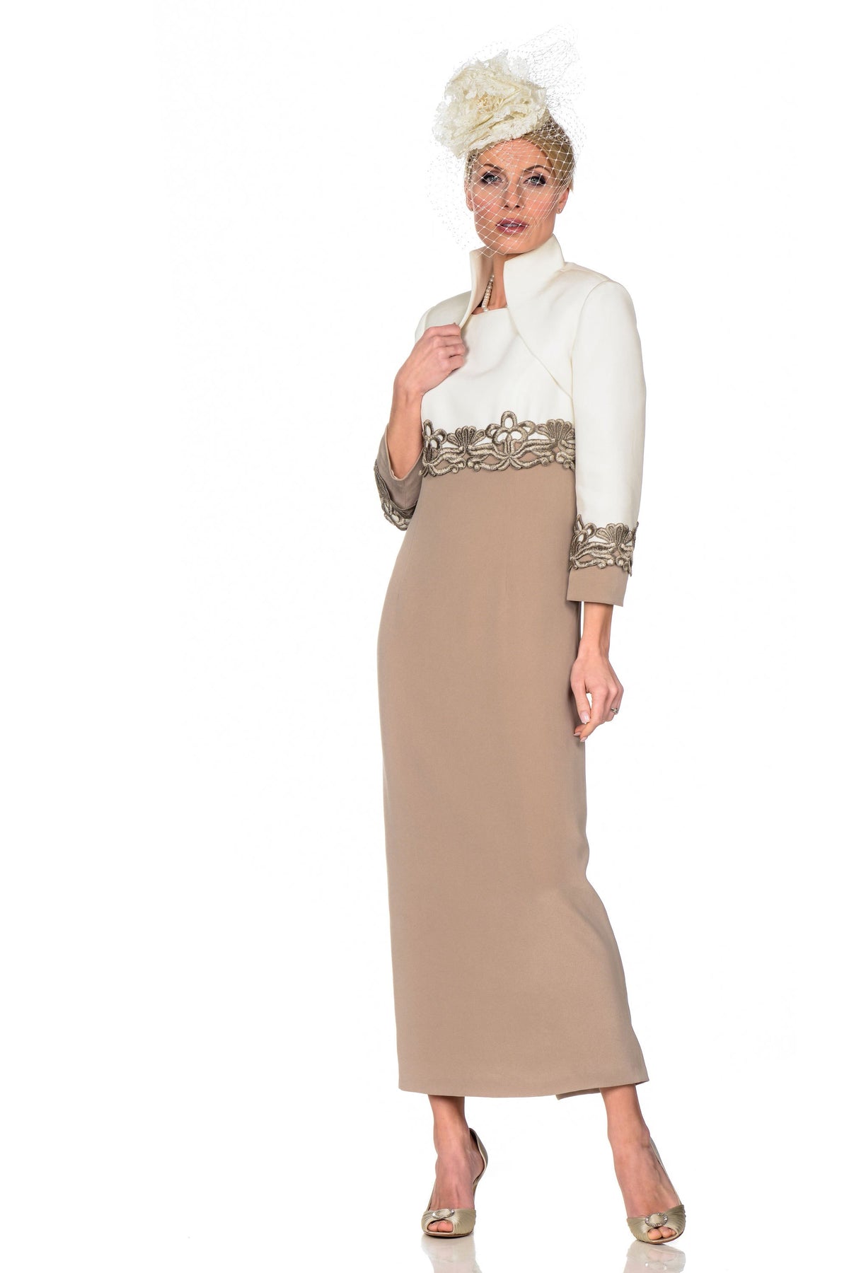 Contemporary Contrast Dress with Detailed Belt and Matching Cropped Jacket with Sleeves