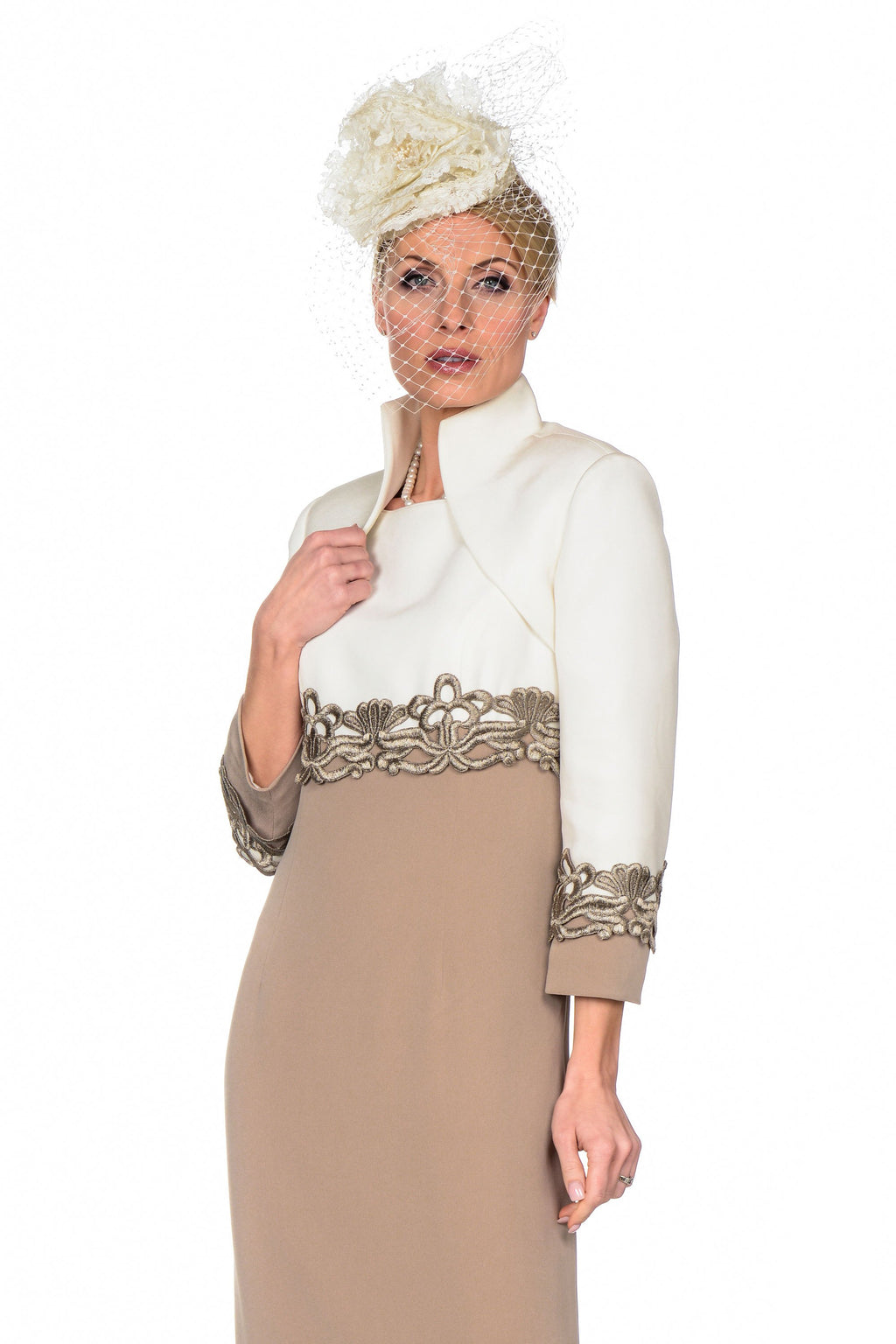 Contemporary Contrast Dress with Detailed Belt and Matching Cropped Jacket with Sleeves