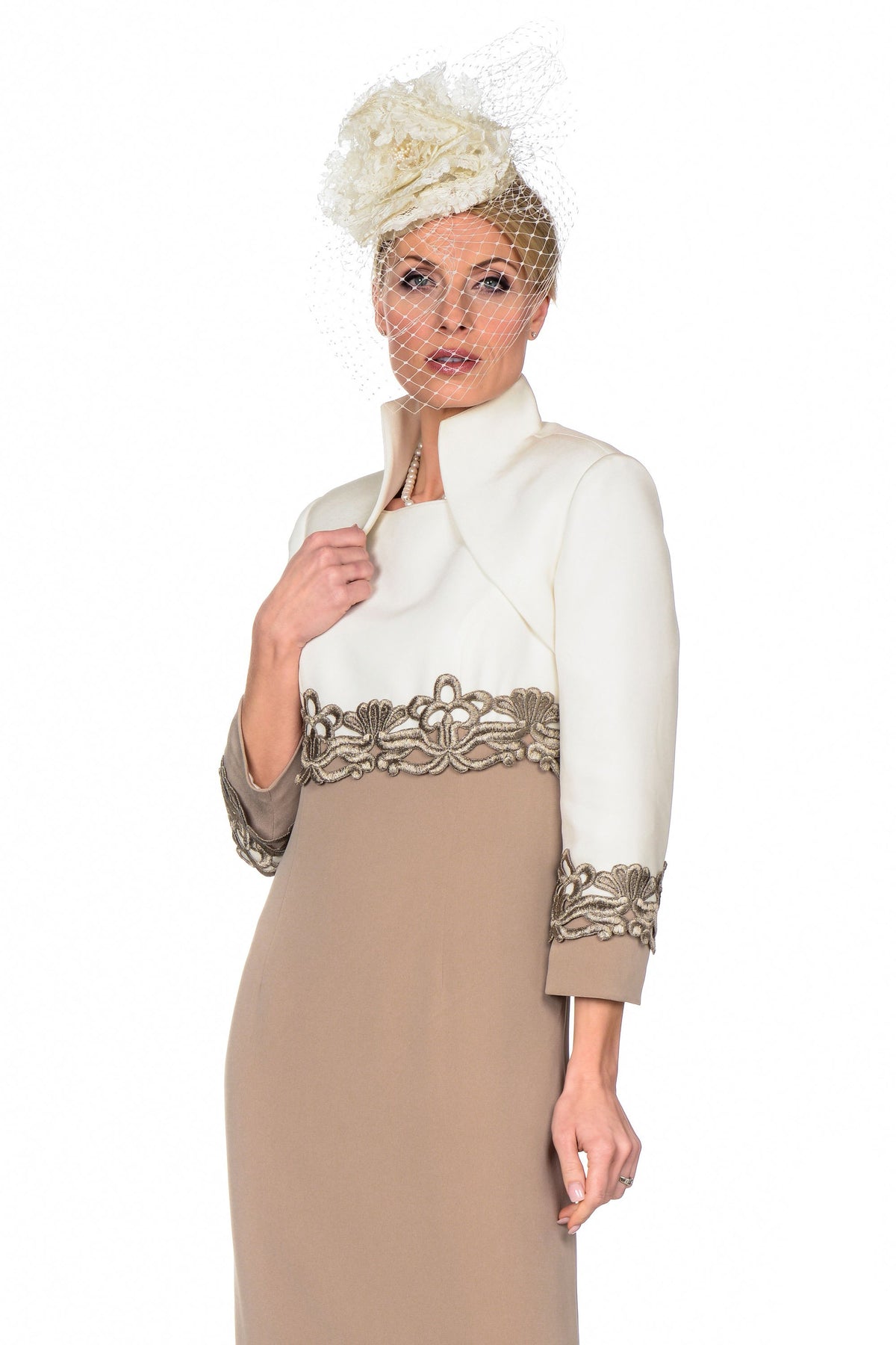 Contemporary Contrast Dress with Detailed Belt and Matching Cropped Jacket with Sleeves