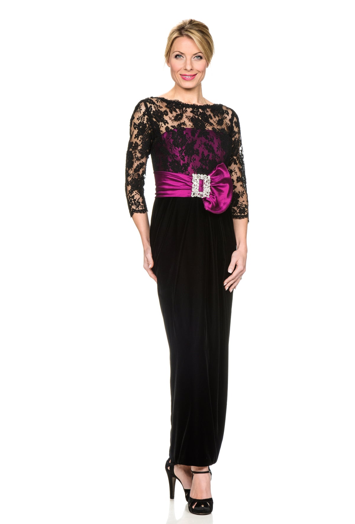 Modern Longline Skirt and Black Lace Top with Pink Bodice and Belt