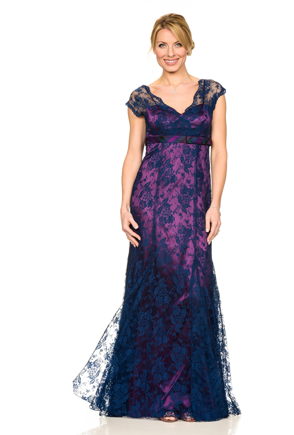 Tartan Pink fitted Dress with Purple Lace Overlay and Tartan Trim Belt