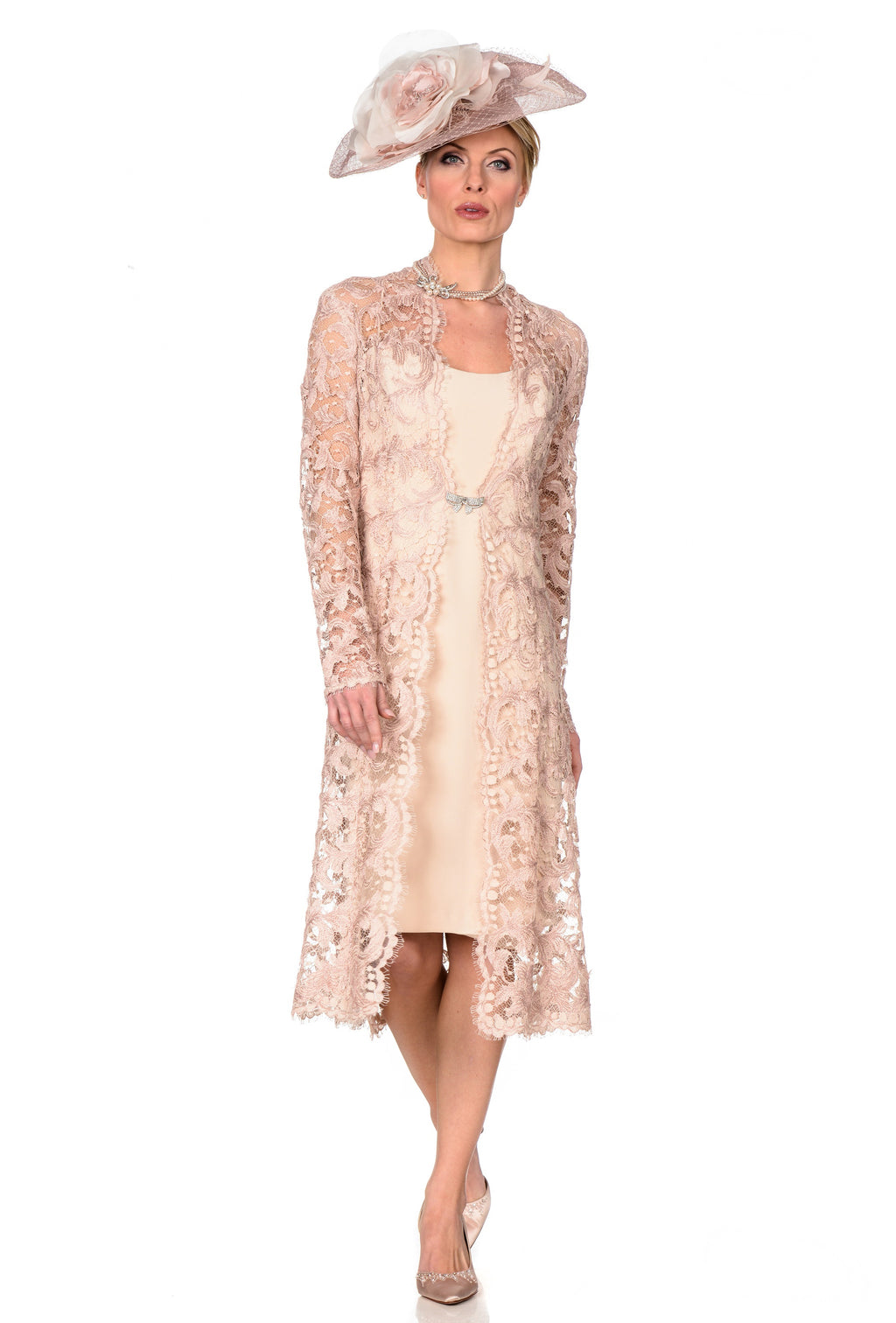 Blush Embroidered Lace Coat and Spaghetti Strap Knee Length Dress