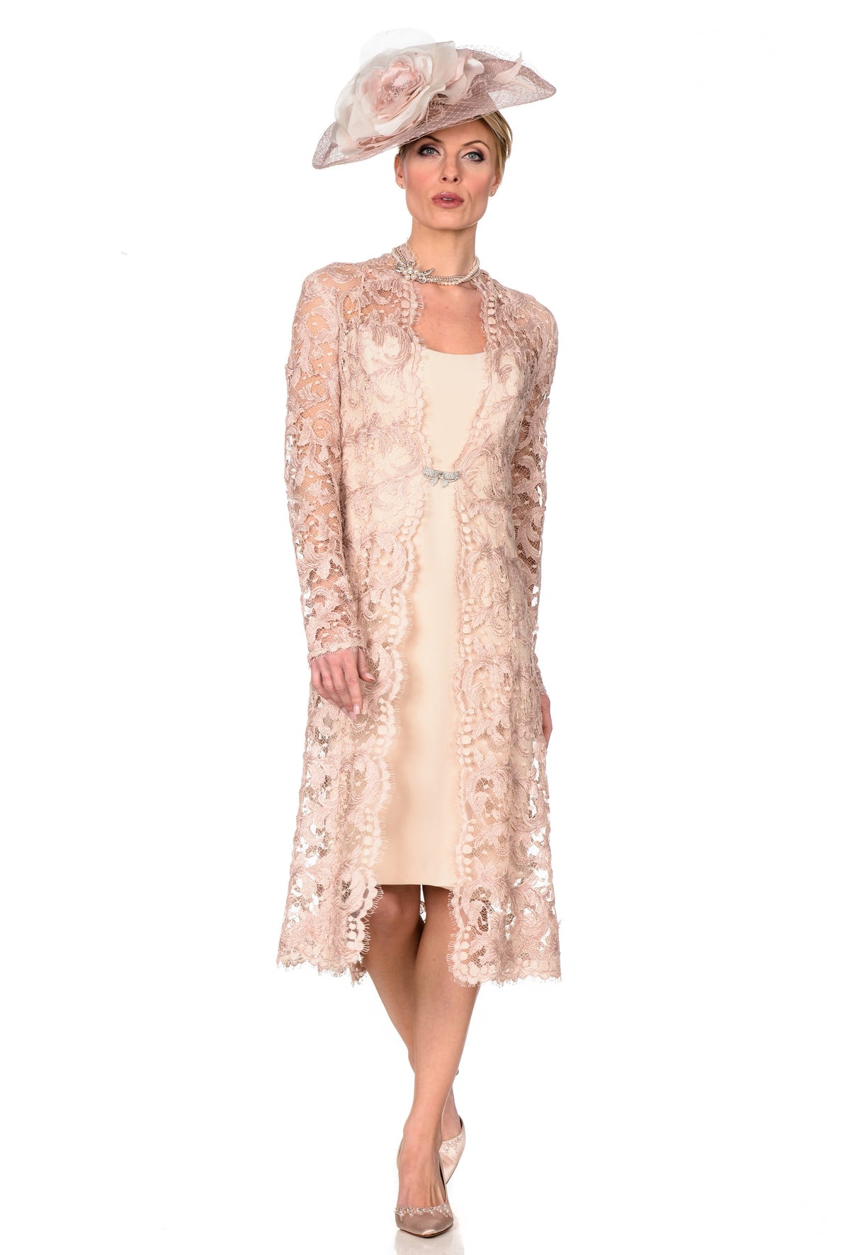 Blush Embroidered Lace Coat and Spaghetti Strap Knee Length Dress