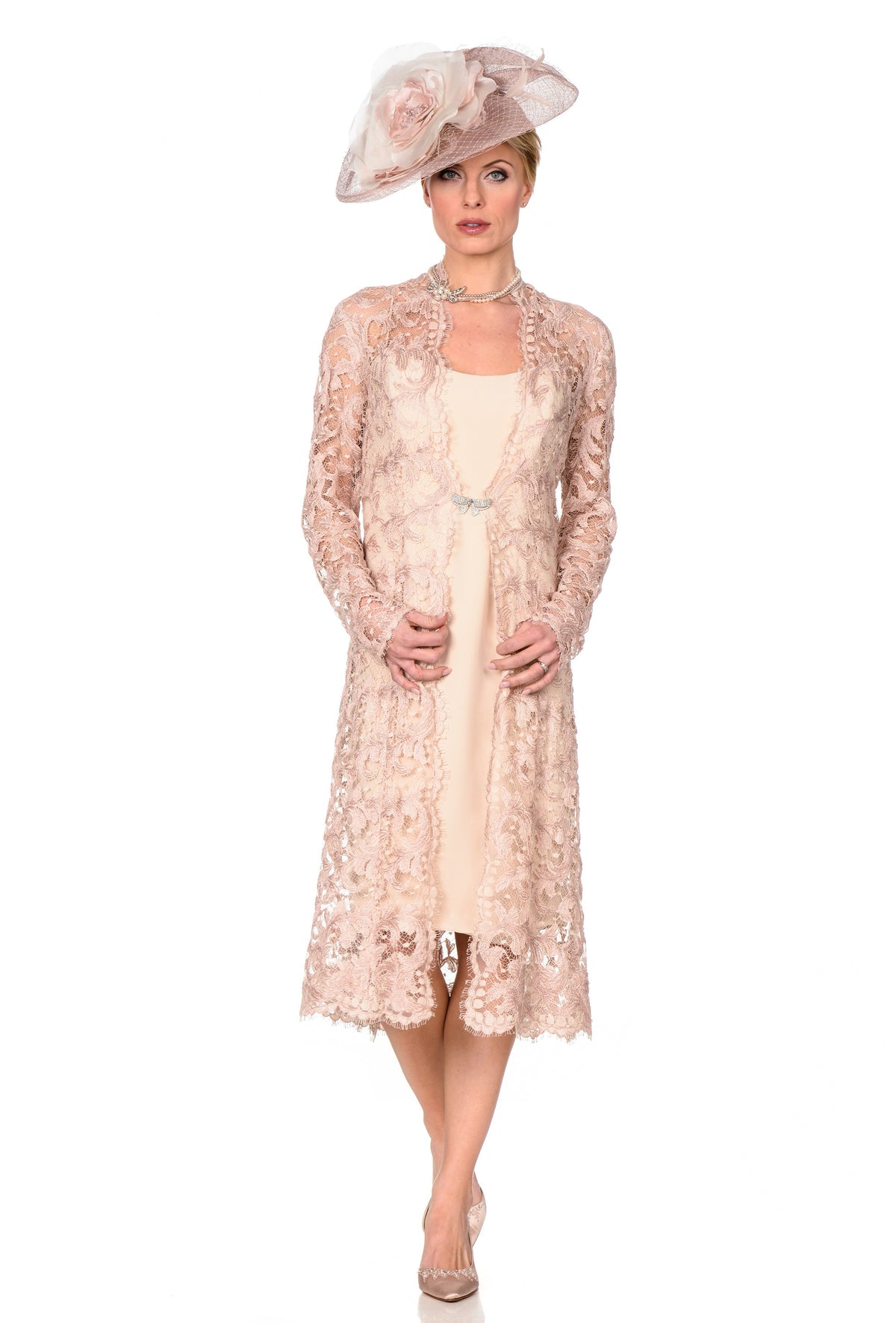 Blush Embroidered Lace Coat and Spaghetti Strap Knee Length Dress